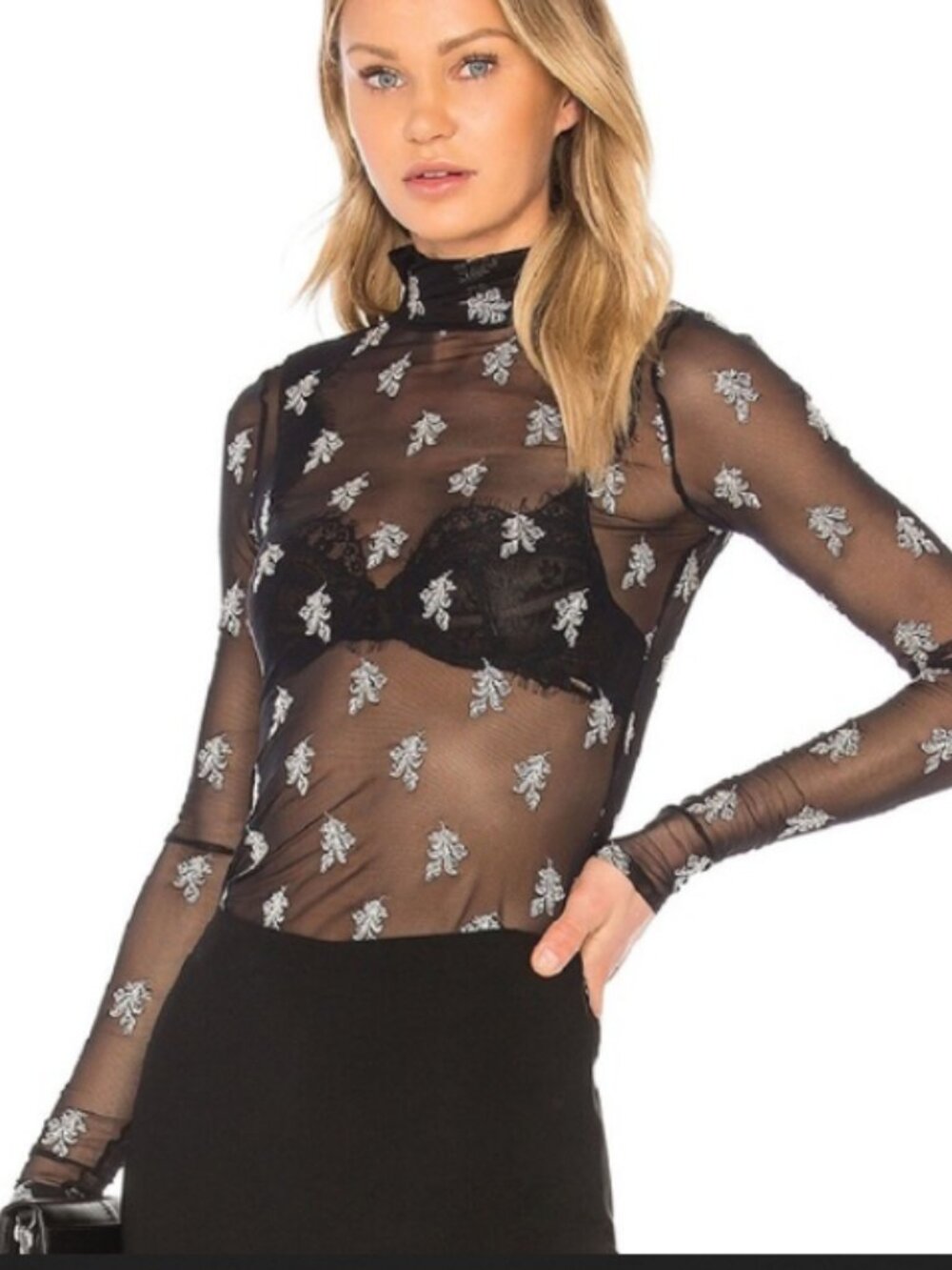 Cinq a Sept Kaden Black Mesh Turtleneck Top Embroidered Feathers Sz M
